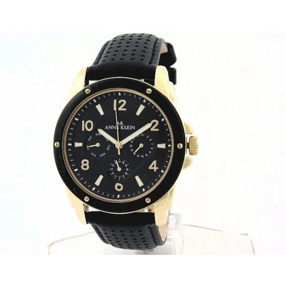 Anne Klein Gold Tone Black Dial Leather Strap Multi Dial Watch Women
